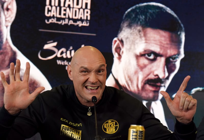 Tyson Fury during a press conference at The Mazuma Mobile Stadium, Morecambe. PA