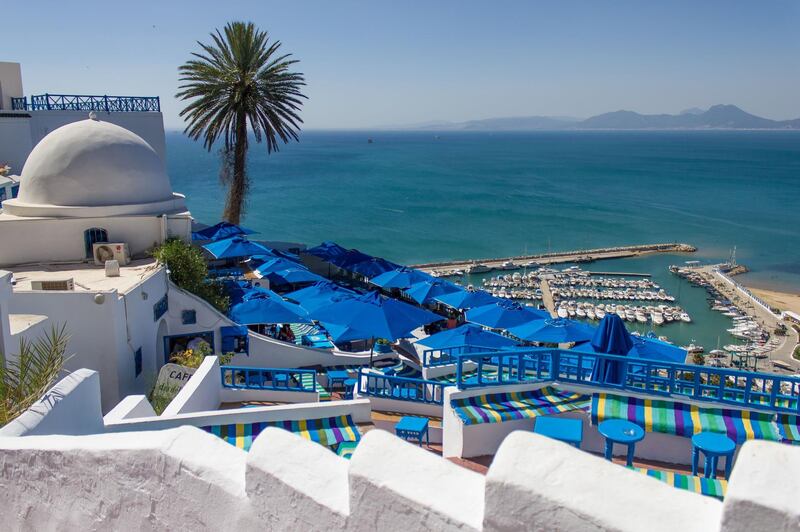 Terrace with a view of the port, Sidi Bou Saïd, Tunisia. Getty Images