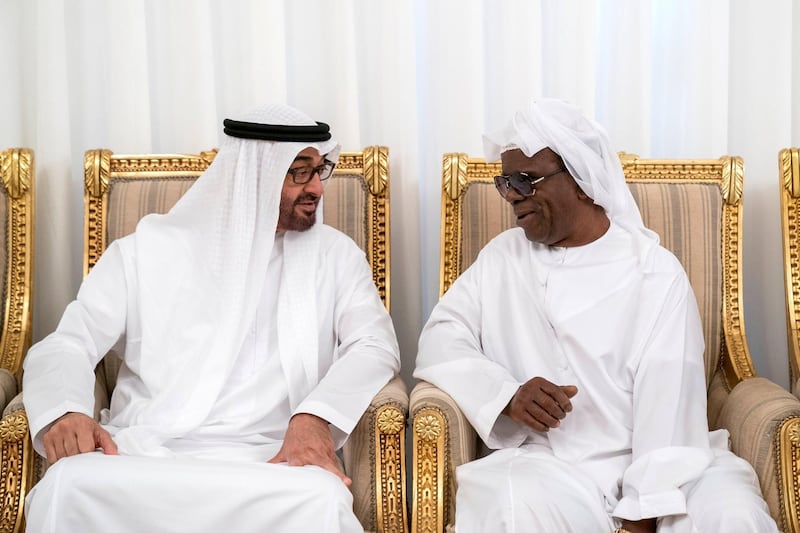 FUJAIRAH, UNITED ARAB EMIRATES - February 21, 2018: HH Sheikh Mohamed bin Zayed Al Nahyan, Crown Prince of Abu Dhabi and Deputy Supreme Commander of the UAE Armed Forces (L) offers condolences to the family of the martyr Ali Khalifa Hashel Al Mesmari, who passed away while serving the UAE Armed Forces in Yemen.
( Mohamed Al Hammadi / Crown Prince Court - Abu Dhabi )
---