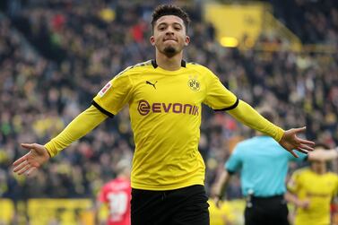epa08595609 (FILE) - Dortmund's Jadon Sancho celebrates after scoring during the German Bundesliga soccer match between Borussia Dortmund and 1. FC Union Berlin in Dortmund, Germany, 01 February 2020, re-issued 10 August 2020. Sancho will play in Dortmund for at least one more year, because the personal change period has expired. Sancho's contract (until 2022) has already been adjusted one year ago without public announcement and extended prematurely until 2023. The fact that Sancho could now exert pressure from his side to force a change at a later date is ruled out by Borussia and the player's agency, as reported on 10 August 2020. EPA/FRIEDEMANN VOGEL CONDITIONS - ATTENTION: The DFL regulations prohibit any use of photographs as image sequences and/or quasi-video. *** Local Caption *** 55840604