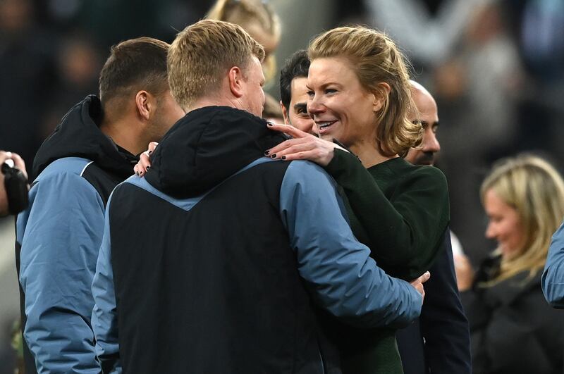 Newcastle head coach Eddie Howe celebrates with co owner Amanda Staveley. Getty Images