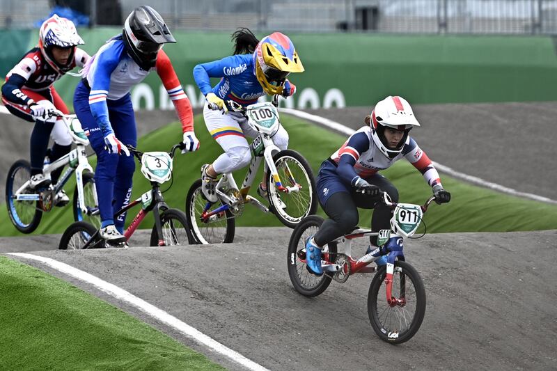 Britain's Bethany Shriever, right, competes in the cycling BMX racing women's final.