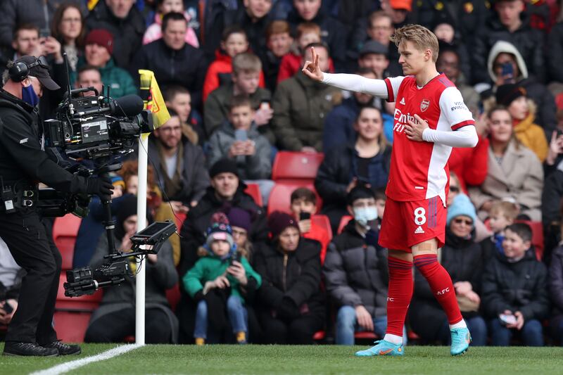 Arsenal's Martin Odegaard celebrates giving his side the lead in the 3-2 win at Watford. Getty