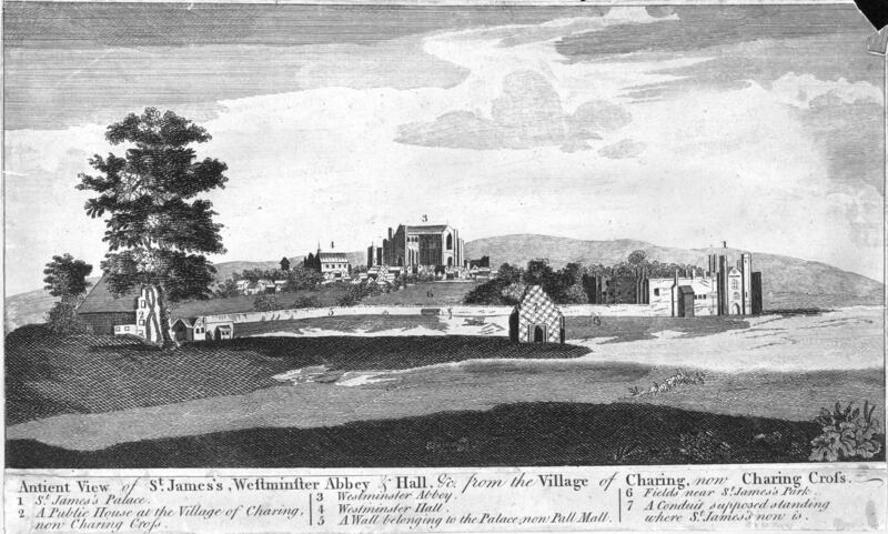 An ancient view, circa 1700, of St James's Palace, Westminster Abbey and Westminster Hall from the village of Charing, now Charing Cross