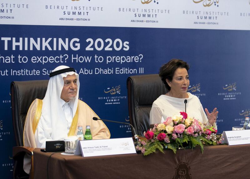 ABU DHABI, UNITED ARAB EMIRATES. 12 OCTOBER 2019. 
Raghida Dergham, founder of Beirut Institute, with Saudi Arabia’s Prince Turki Al Faisal at Beirut Institute Summit press conference.
(Photo: Reem Mohammed/The National)

Reporter:
Section: