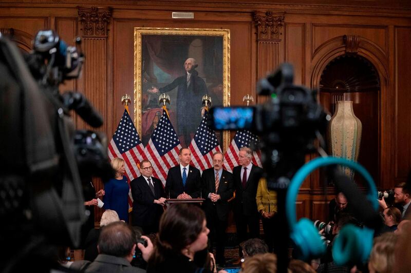 House Permanent Select Committee on Intelligence Chairman Adam Schiff  holds a press conference after the House passed Resolution 755, Articles of Impeachment Against President Donald Trump in Washington, DC, on December 18, 2019. AFP