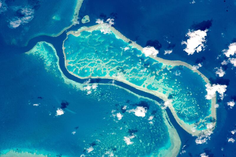 epa05346453 A handout picture made available by NASA on 05 June 2016 shows an image taken by an astronaut aboard the International Space Station (ISS) using powerful lens to photograph three reefs of Australia's Great Barrier Reef, seen from space, 15 October 2015. The photo area spans about 15km of the 2,300km reef system. Reefs are easy to spot from space as the iridescent blues of shallow lagoons contrast sharply with the dark blues of deep water. The Great Barrier Reef is the largest reef system on Earth, with more than 3,000 separate reefs and coral cays. It is also one of the most complex natural ecosystems, with 600 types of corals and thousands of animal species from tiny planktons to whales.  EPA/NASA  HANDOUT EDITORIAL USE ONLY *** Local Caption *** 52804080