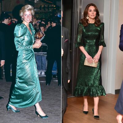 Left: Diana, Princess of Wales wears a green gown to attend the London premiere of 'The Hunt for Red October', on April 17, 1990. Right: The Duchess of Cambridge wears The Vampire's Wife to attend a reception at the Guinness Storehouses Gravity Bar in Dublin, Ireland on Tuesday, March 3, 2020. Getty Images 