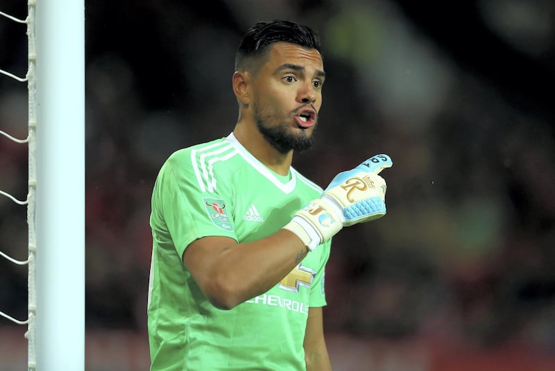MANCHESTER, ENGLAND - SEPTEMBER 20: Sergio Romero of Manchester United gives his team instructions during the Carabao Cup Third Round match between Manchester United and Burton Albion at Old Trafford on September 20, 2017 in Manchester, England.  (Photo by Richard Heathcote/Getty Images)