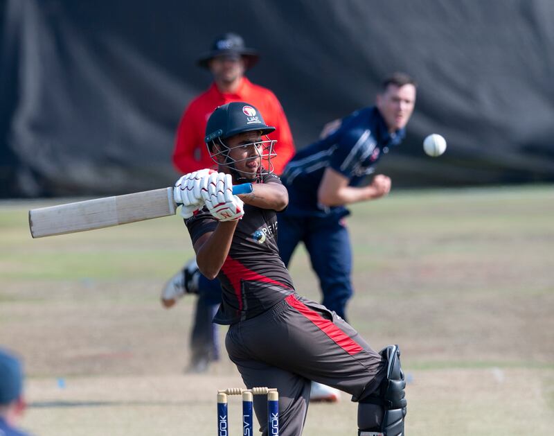 The UAE's Aryan Lakra takes on a short ball from Scotland fast bowler Chris Sole.