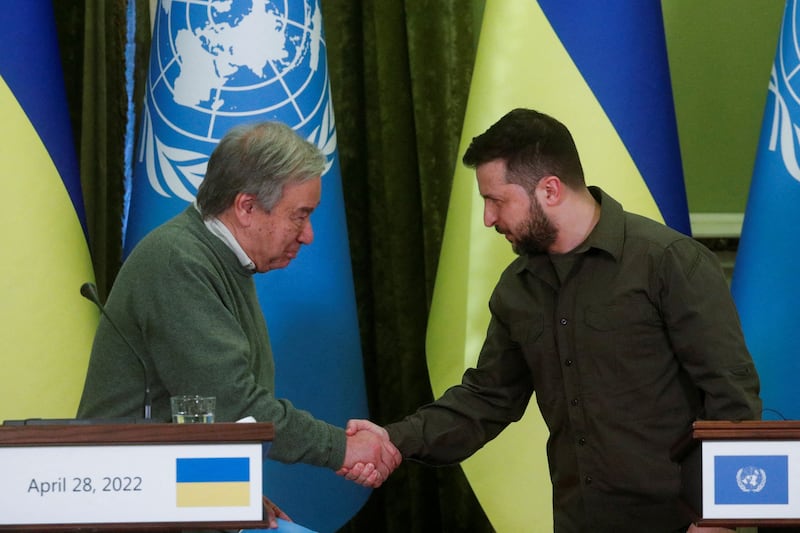 UN Secretary General Antonio Guterres and Ukraine's President Volodymyr Zelenskyy at a joint news conference in Kyiv as Russia's attack on Ukraine continues. Reuters