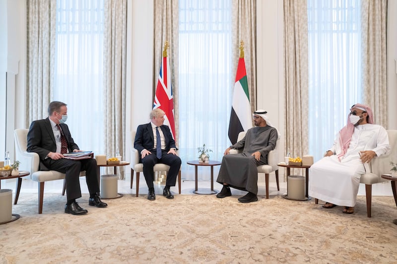Sheikh Mohamed bin Zayed, Crown Prince of Abu Dhabi and Deputy Supreme Commander of the Armed Forces, meets Boris Johnson, Prime Minister of the United Kingdom, at Al Shati Palace. Seen with Sheikh Tahnoon bin Zayed, UAE National Security Adviser. All pictures by Rashed Al Mansoori / Ministry of Presidential Affairs