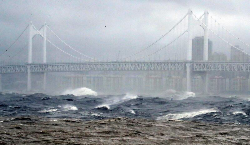 High waves batter the coastline as Typhoon Haishen approaches in the southeastern port city of Busan. AFP