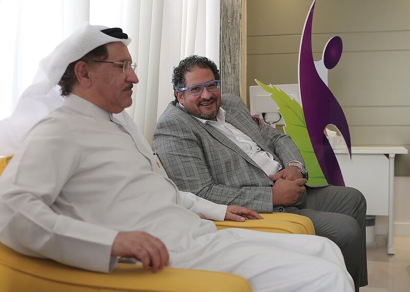 Dubai, 17, July, 2017: (L)  Dr Abdulqader Al Khayyat, Chairman, Erada Center and (R) Judge Dr Hatem Fouad  Aly, UNODC's representative and Head of Sub-Regional office for the GCC  gestures during the media conference at the Erada Centre for Treatment and Rehab in Dubai. ( Satish Kumar /  For the National )
Reporter: Nawal Al Ramahi
Section: News