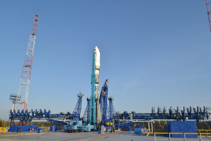 The Soyuz 2.1b rocket in position for lift-off at the Plesetsk Cosmodrome in Russia.