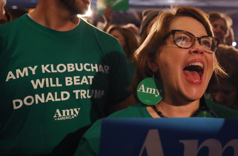 A supporter of Democratic US presidential candidate Amy Klobuchar reacts during her rally following the Iowa Caucus in Des Moines, Iowa. Reuters