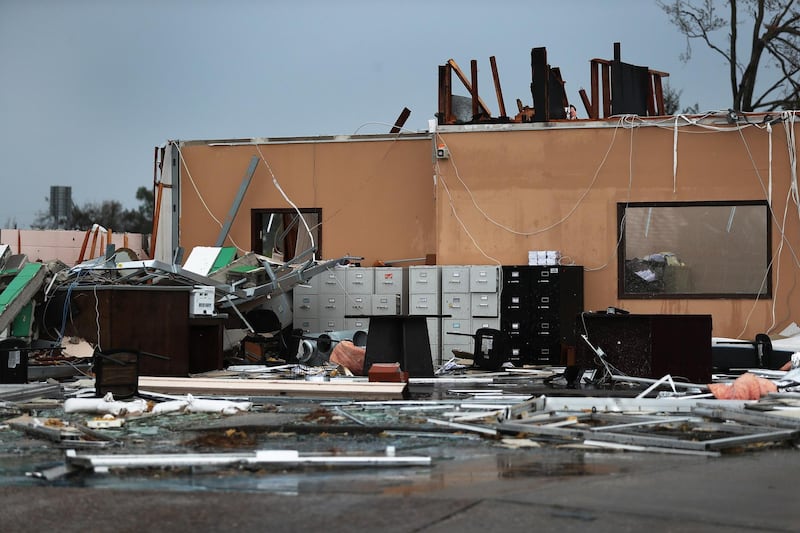 LAKE CHARLES, LOUISIANA - AUGUST 28: The inside of an office is seen after the building was destroyed as Hurricane Laura passed through the area on August 28, 2020 in Lake Charles, Louisiana . The hurricane hit with powerful winds causing extensive damage in the area.   Joe Raedle/Getty Images/AFP
== FOR NEWSPAPERS, INTERNET, TELCOS & TELEVISION USE ONLY ==
