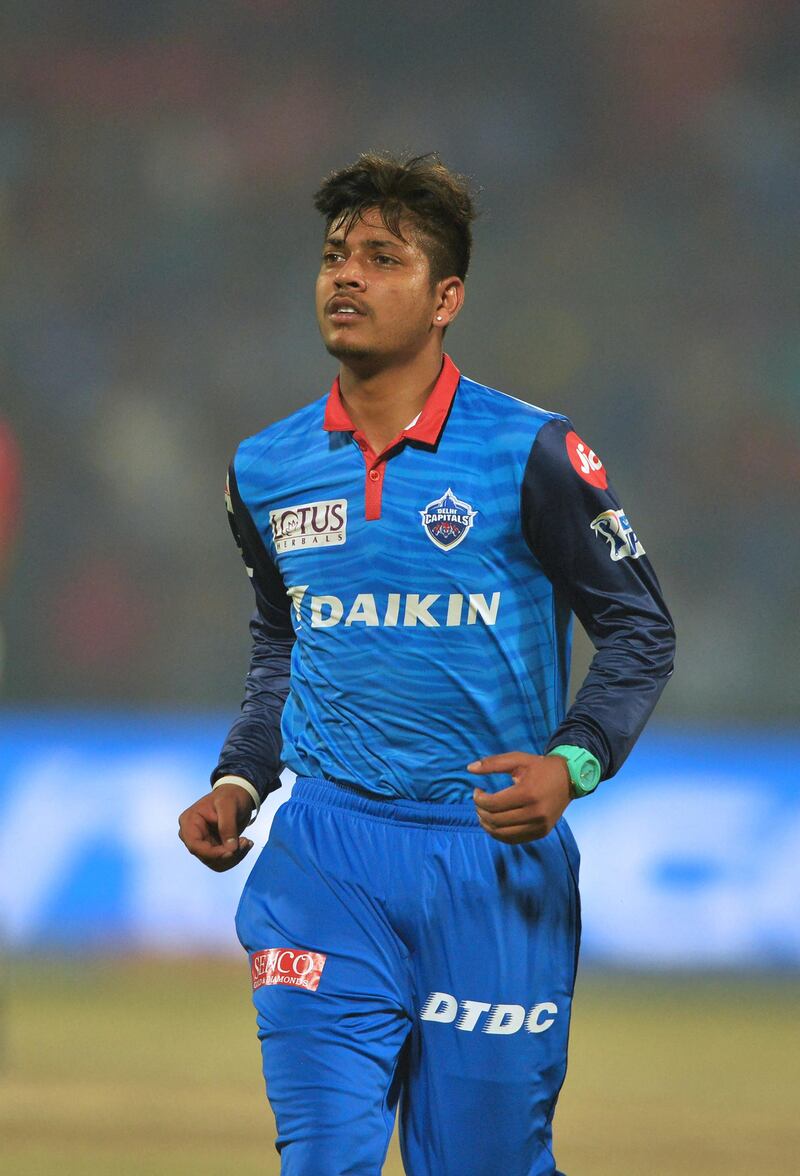 Delhi Capitals bowler Sandeep Lamichhane runs during the 2019 Indian Premier League (IPL) Twenty20 cricket match between Delhi Capitals and Kings XI Punjab at the Feroz Shah Kotla cricket stadium in New Delhi on April 20, 2019. (Photo by Sajjad HUSSAIN / AFP) / ----IMAGE RESTRICTED TO EDITORIAL USE - STRICTLY NO COMMERCIAL USE-----