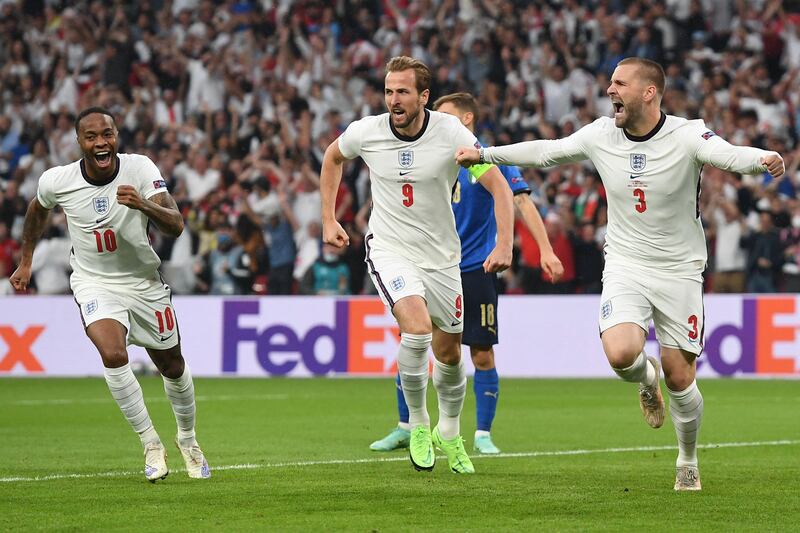 England defender Luke Shaw celebrates after scoring.