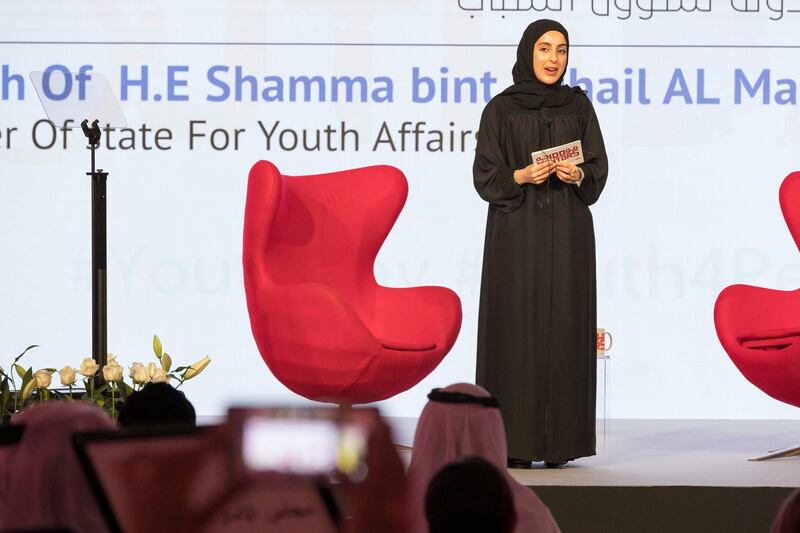 DUBAI, UNITED ARAB EMIRATES, 8 AUGUST 2017. H.E. Shamma bint Sohail Al Mazrouei talks at the International Youth Day Celebration at the Intercontinental Hotel in Festival City. (Photo: Antonie Robertson/The National) Journalist: Caline Malik. Section: National.