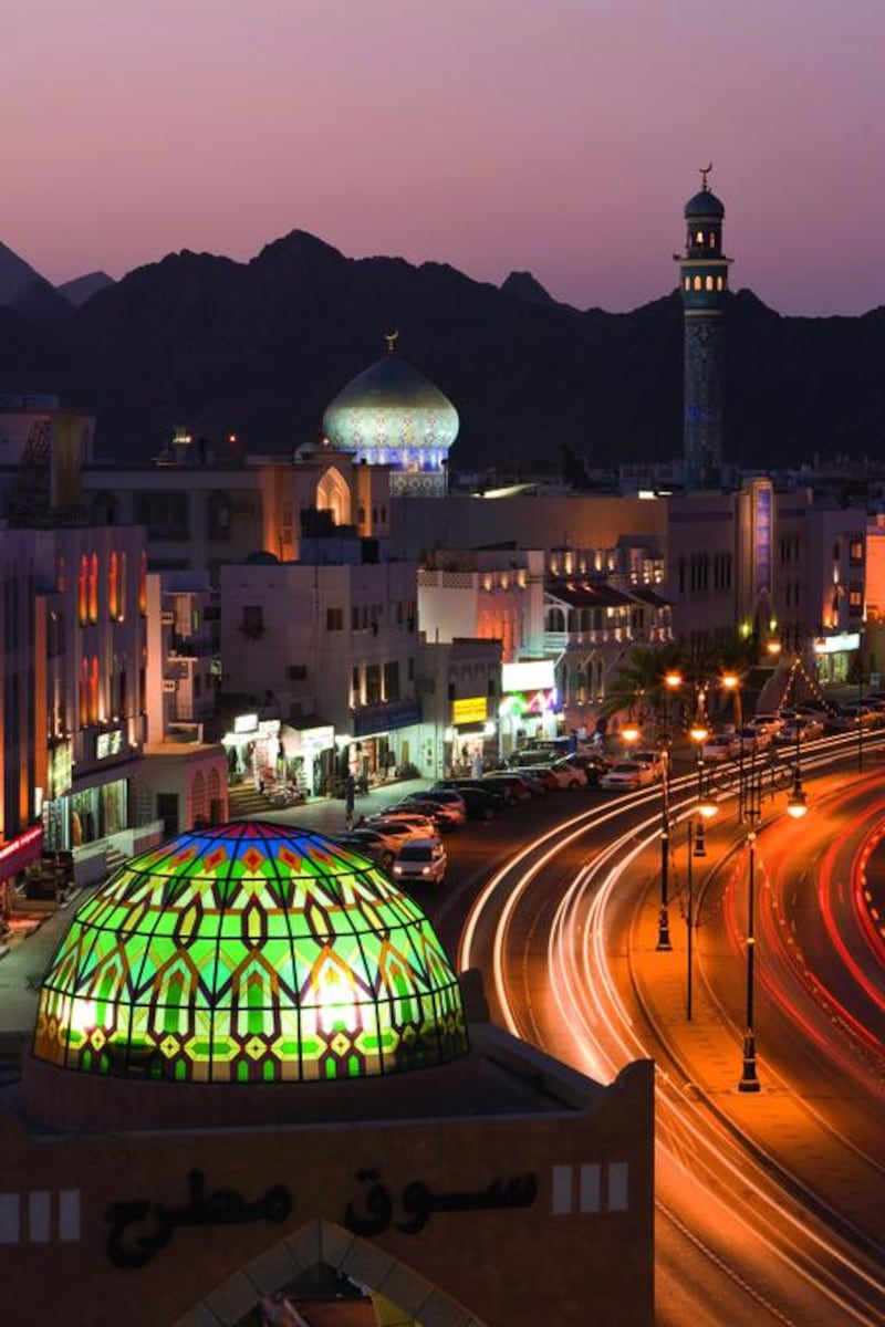 Muttrah Souq’s stained-glass dome, visible in the foreground of a view of the Corniche in the Omani capital city. Gavin Hellier / Robert Harding World Imagery / Corbis