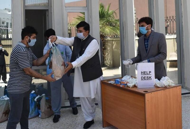 The Consulate General of Pakistan distributes food to those stranded in the UAE or the suddenly unemployed due to the economic toll of the coronavirus. Courtesy: Consulate General of Pakistan in Dubai