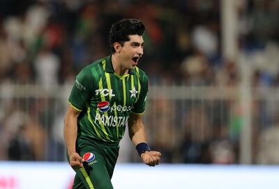 Pakistan's Naseem Shah takes the wicket of Afghanistan's Rahmanullah Gurbaz. Chris Whiteoak / The National