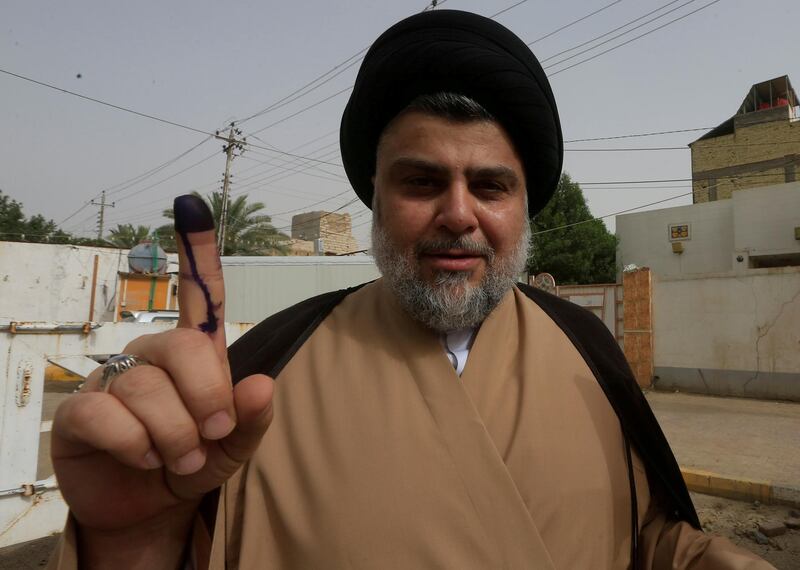 FILE PHOTO: Iraqi Shi'ite cleric Moqtada al-Sadr shows his ink-stained finger after casting his vote at a polling station during the parliamentary election in Najaf, Iraq May 12, 2018. REUTERS/Alaa al-Marjani/File Photo NO RESALES. NO ARCHIVES