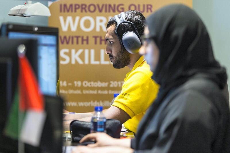 Salem Saleh from Abu Dhabi Polytechnic and Nour Al Kaabi from Khalifa University during a test project for World Skills. Christopher Pike / The National