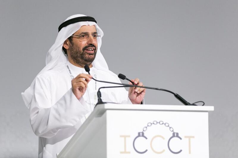 Dr Ali Al Nuaimi, chairman of the International Conference for the Criminalisation of Cyber Terrorism, speaks at International Conference for the Criminalisation of Cyber Terrorism in Abu Dhabi on Tuesday. Reem Mohammed / The National 