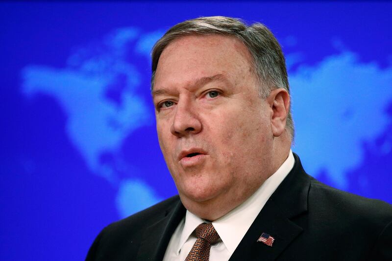 FILE - In this April 8, 2019, file photo, Secretary of State Mike Pompeo speaks at a news conference to announce the Trump administration's plan to designate Iran's Revolutionary Guard a "foreign terrorist organization," at the U.S. State Department in Washington. The Trump administration is poised to tell five nations, including allies Japan, South Korea and Turkey, that they will no longer be exempt from U.S. sanctions if they continue to import oil from Iran. U.S. officials say Pompeo plans to announce on Monday, April 22, that the administration will not renew sanctions waivers for the five countries when they expire on May 2. (AP Photo/Patrick Semansky, File)