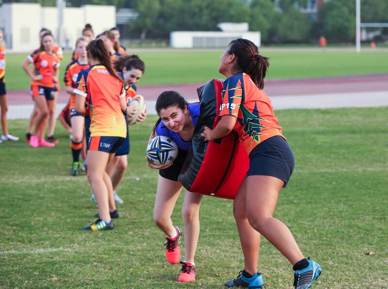 Dubai, U.A.E,. October 1, 2016.  Power exercises during practice.  Feature on women's / Emirati girls rugby, ahead of the season starting on Oct 7 with club team Dubai Sharks and Arabian Knights.
Victor Besa for The National
ID: 46226
Writer:  Paul Radley
Sport *** Local Caption ***  VB-100116-sp-rugby-10.jpg
