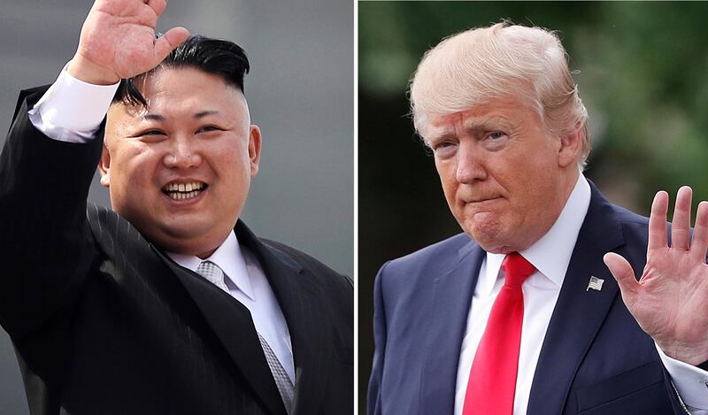 FILE - This combination of photos show North Korean leader Kim Jong Un on April 15, 2017, in Pyongyang, North Korea, left, and U.S. President Donald Trump in Washington on April 29, 2017. Threatening language between the U.S. and North Korea is flaring. After Trump vowed to respond with â€œfire and furyâ€ if Pyongyang continued to threaten the U.S., the Northâ€™s military said it is finalizing a plan to fire four midrange missiles to hit waters near the strategic U.S. territory of Guam. (AP Photo/Wong Maye-E, Pablo Martinez Monsivais, Files)