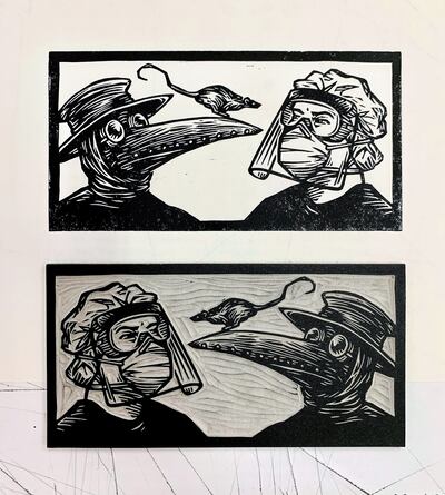 The print and linocut drawing of one of Darrel Perkins's illustrations about the plague in his book The End Is At Hand. Photo: Darrel Perkins