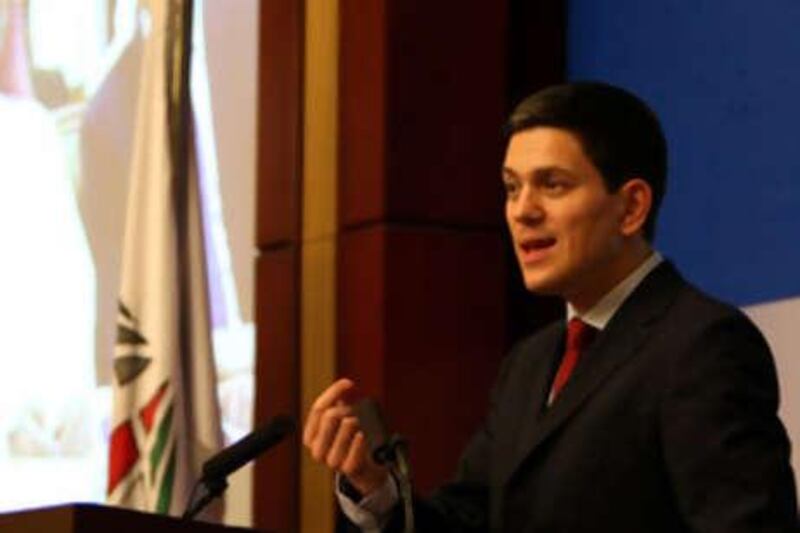 David Miliband addresses the audience during the Annual Energy Conference  at The Emirates Center for Strategic Studies and Research in Abu Dhabi.