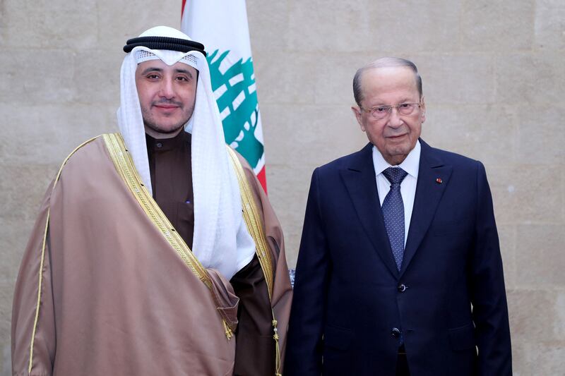 Kuwaiti Foreign Minister Sheikh Ahmed Nasser Al Sabah meets Lebanon's President Michel Aoun. Reuters