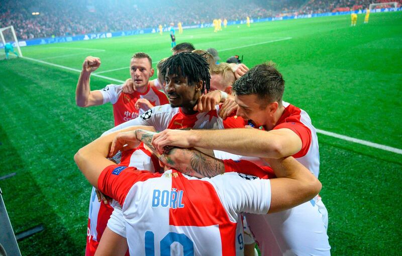 Slavia Prague celebrate their goal. AP