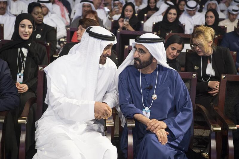 Sheikh Mohammed bin Rashid, Vice President and Ruler of Dubai, with Sheikh Mohammed bin Zayed, Crown Prince of Abu Dhabi and Deputy Supreme Commander of the Armed Forces at the 2017 World Government Summit in Dubai.  Hamad Al Kaabi / Crown Prince Court – Abu Dhabi