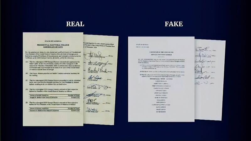A real and a fake certificate of vote for Georgia is displayed at a hearing by the House select committee. House select committee / AP