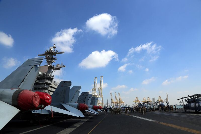 Dubai, March 04, 2018: View of Flight Deck on the Theodore Roosevelt US Navy Warship seen at the Jebel Ali port in Dubai. Satish Kumar for the National/ Story by Nick Webster
