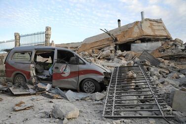 The destroyed entrance of a hospital in the village of Kafr Nabl, in the south of Idlib. AFP