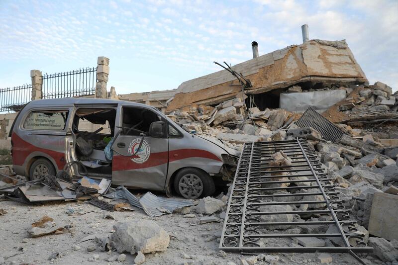A picture taken on May 5, 2019 shows destruction at the entrance of a hospital in the village of Kafr Nabl, south of the jihadist-held Syrian province of Idlib. A Russian air strike on an underground hospital in Idlib has forced the closure of the facility, a medical organisation and war monitor said. / AFP / OMAR HAJ KADOUR
