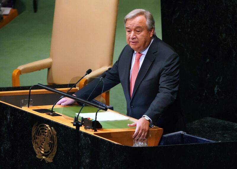 UN Secretary-General Antonio Guterres adresses the 73rd session of the General Assembly at the United Nations in New York September 25, 2018. / AFP / Don EMMERT
