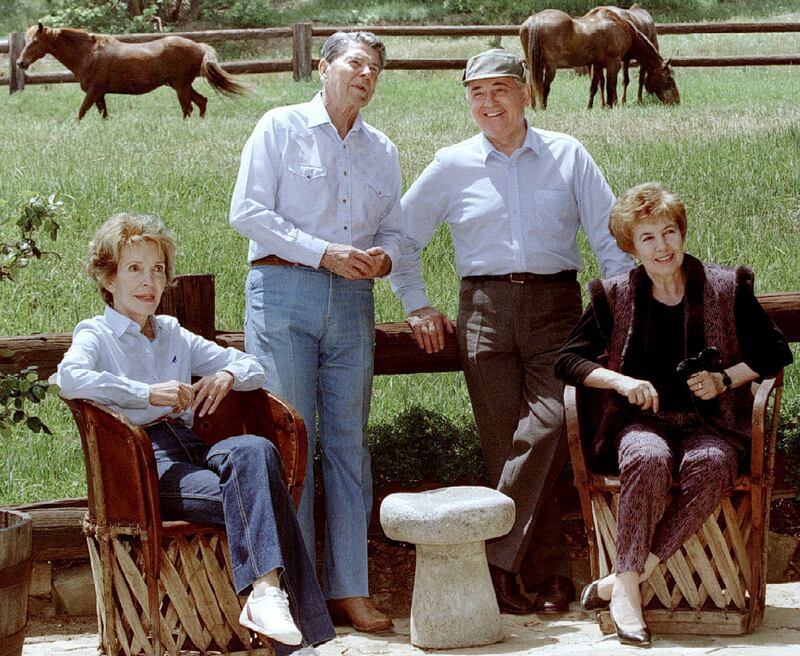 Gorbachev and his wife, Raisa, with Reagan and his wife, Nancy, at the ranch in the Santa Ynez Mountains. Reuters