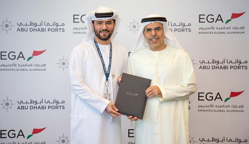 The agreement was signed at EGA’s headquarters by Mohamed Juma Al Shamisi (left), chief executive of Abu Dhabi Ports and Abdulla Kalban, managing director and chief executive of EGA.Photo: EGA
