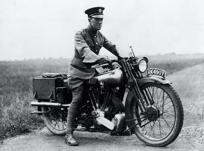 Aircraftsman Thomas Edward Shaw on his motorcycle; a Brough Superior SS100. Shaw was better known as Lt Col T.E. Lawrence or 'Lawrence of Arabia' A major factor in the Desert War in WWI, he was also an adviser to Prince Faisal during the Versailles Peace Conference, a renowned author and an archaeolgist. He was killed in a motorcycle accident in 1935.   (Photo by PA Images via Getty Images)