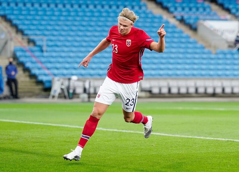 Norway's Erling Braut Haaland celebrates scoring their first goal against Romania. Reuters