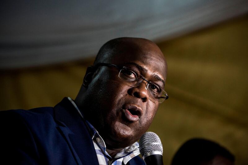 (FILES) In this file photo taken on October 12, 2017 Felix Tshisekedi, leader of the main Democratic Republic of Congo opposition party, The Union for Democracy and Social Progress (UDPS), speaks during a press conference in his residence in Kinshasa.  The United States on January 23, 2019 recognized Felix Tshisekedi as the next president of DR Congo, casting aside concerns over the election as it hailed a historic peaceful transfer of power. The United States joins the African Union and European Union in signaling they were ready to work with Tshisekedi, showing no appetite to prolong uncertainties in the violence-prone country despite rival Martin Fayulu's allegations of widespread fraud. / AFP / JOHN WESSELS
