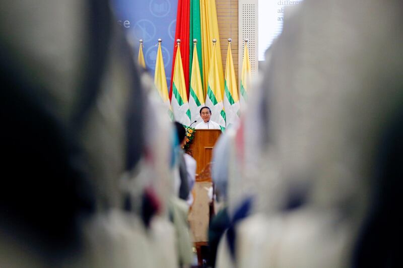 Myanmar's President Win Myint, speaks during a ceremony as part of the International Day Against Drug Abuse and Illicit Trafficking in Naypyitaw, Myanmar, on June 26, 2018. Hein Htet / EPA