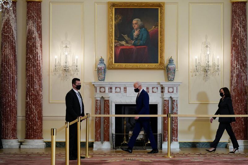 President Joe Biden arrives at the State Department. AP Photo